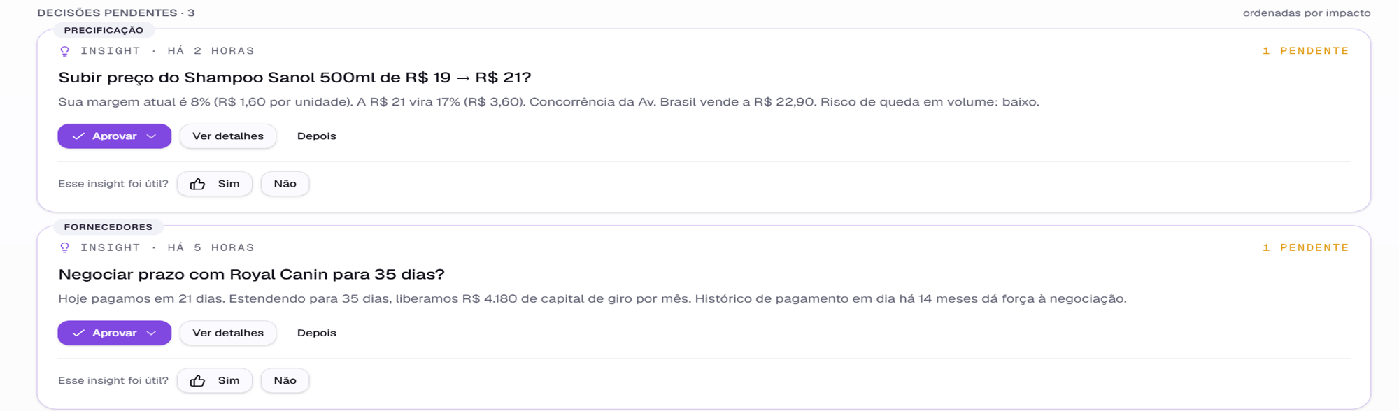 Painel Valoric com decisões pendentes ordenadas por impacto: precificação e negociação com fornecedores