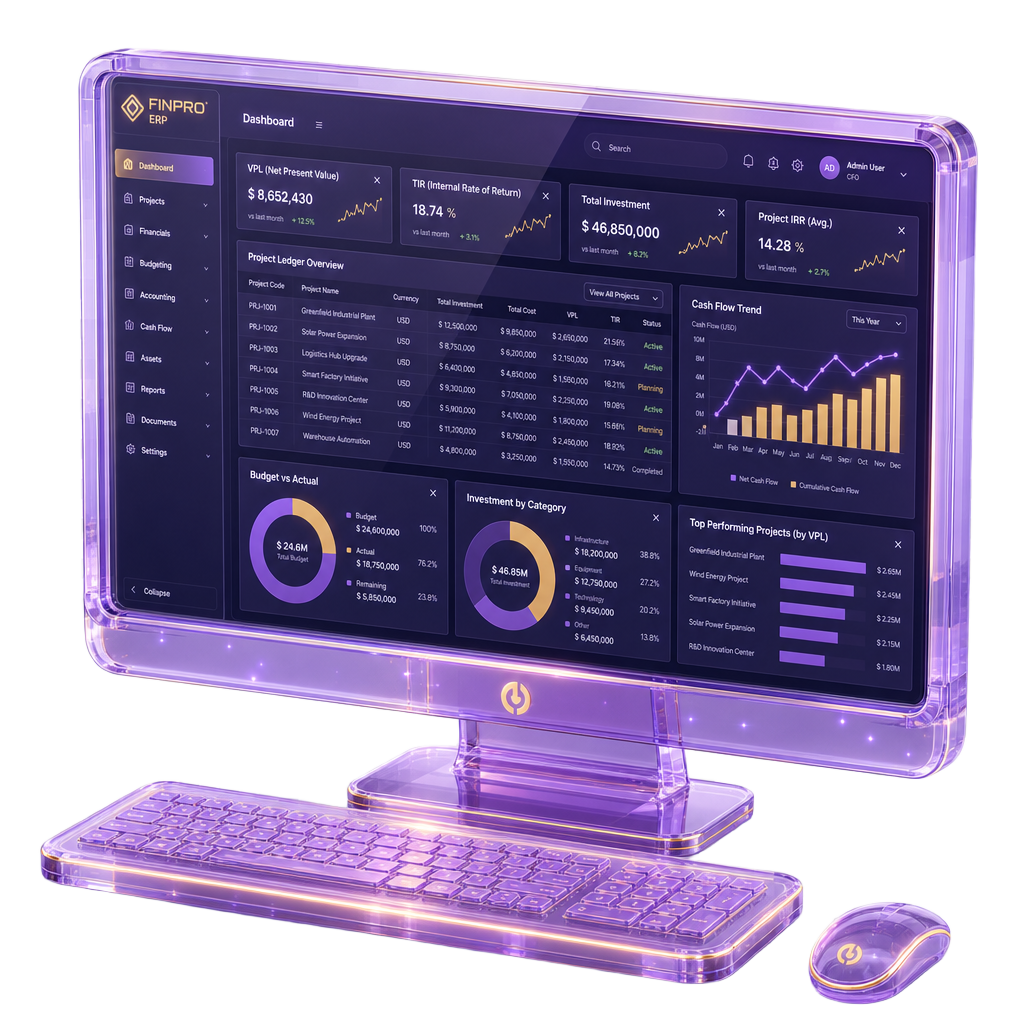 Ilustração 3D de um desktop ERP financeiro roxo exibindo dashboard com VPL, TIR e razão de projetos