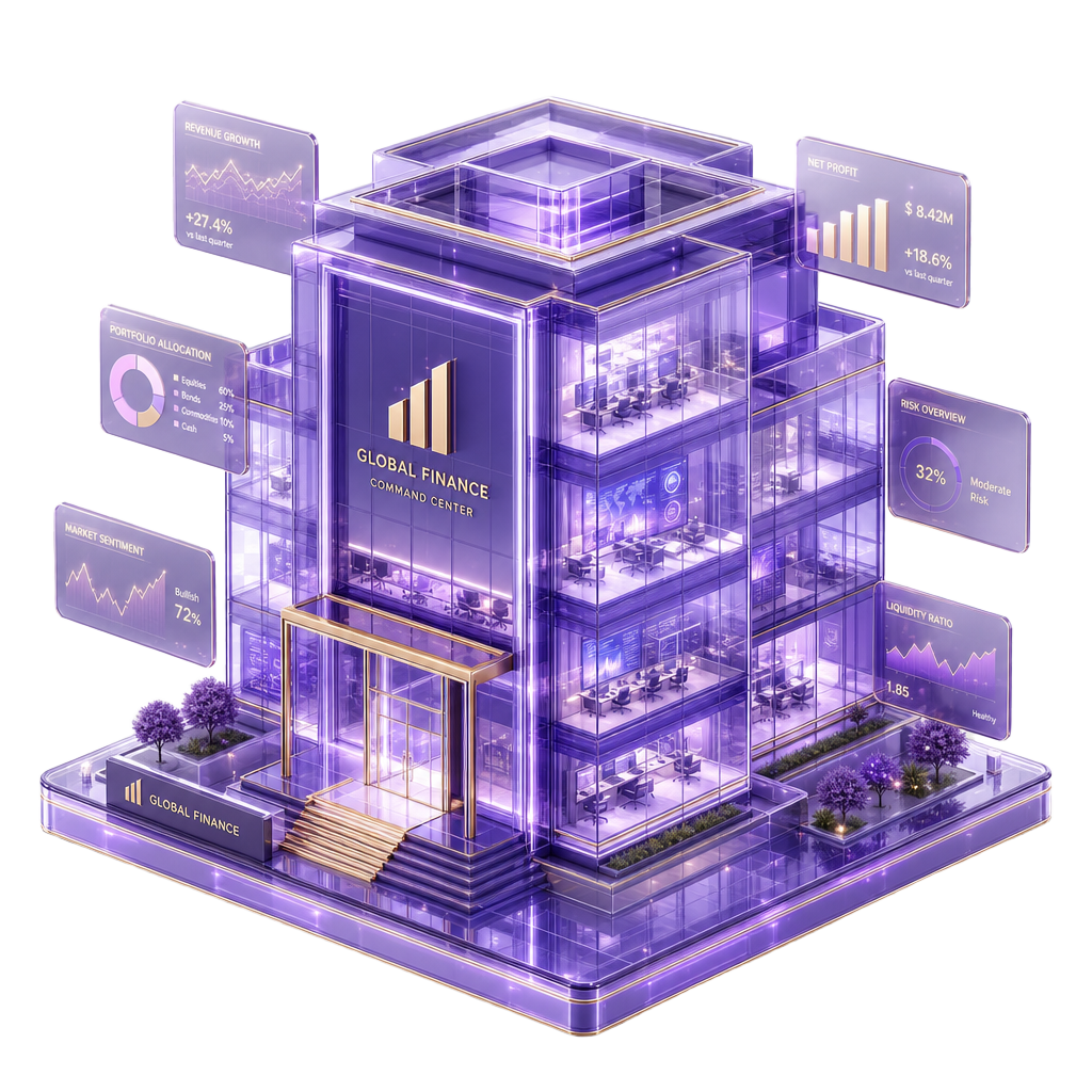 Ilustração 3D de um centro de comando financeiro em vidro roxo com KPIs flutuantes
